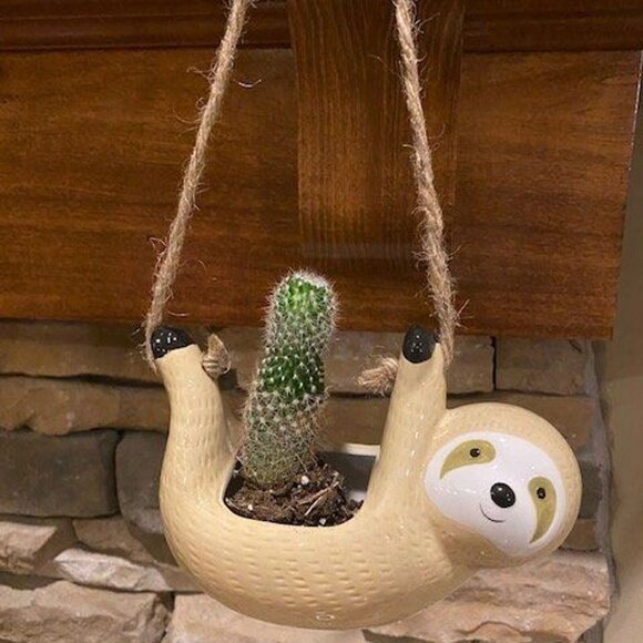 Ceramic Sloth Air-Plant Holder • Beige Sloth Planter • Cute Succulent Pot - Picture 6 of 7